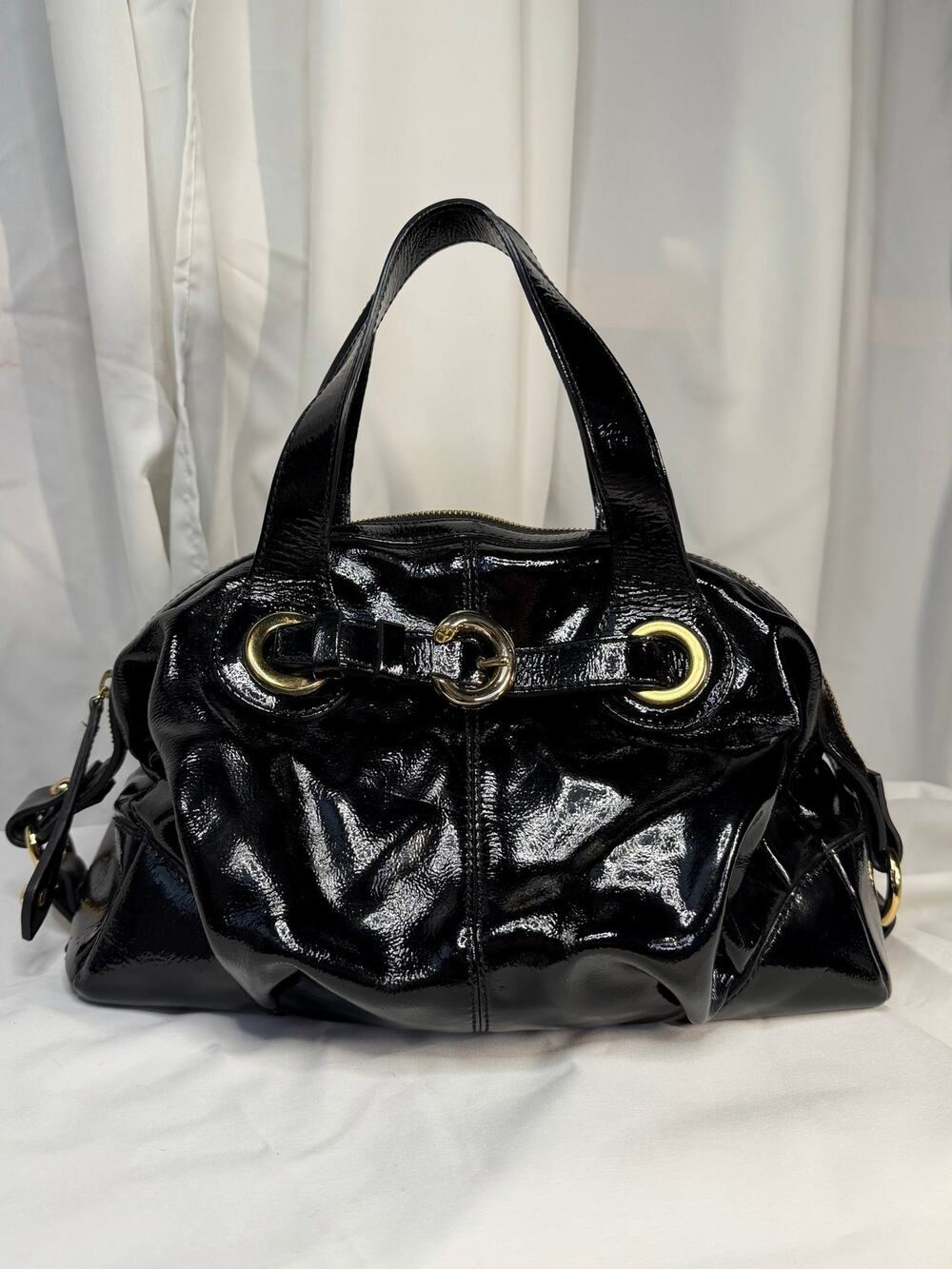 Vintage Francesco Biasia Black Patent Leather Bag Y2K Ruched Barrel Purse Medium
